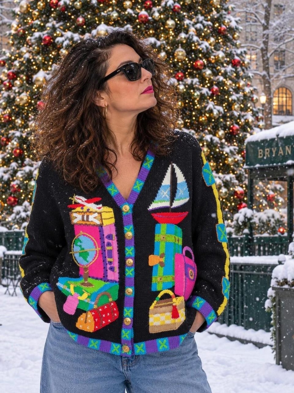 Storybook Knits Black Novelty Cardigan with Bright Travel Motif Accents